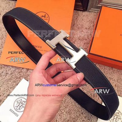 Perfect Replica Dark Blue Leather Texture Black Back Belt With Stainless Steel Buckle